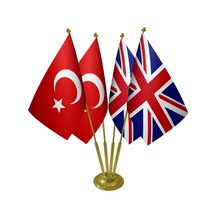 Masa Üstü İngiltere Bayrağı Türk Bayrağı Dörtlü Pirinç Direk Masa