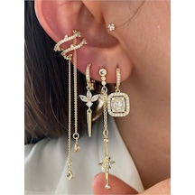 Pinery Jewels Baget Ve Zirkon Taşlı 3'lü Altın Kaplama Kadın Küpe Seti Altın