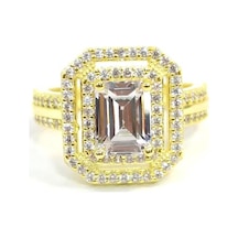 Çift Sıra Geçişli Baget Gümüş Yüzük - Altın Sarı - 19 Beyaz