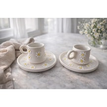 Hediyelik Papatya Desenli El Yapımı Seramik Türk Kahve Fincanı Espresso Kahve Fincan Seti 2li Set Hediyelik Çok Renkli