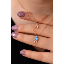 Papatya Silver 925 Ayar Gümüş Rose Kaplama Harf ve Opal Taşlı Kedi Asansör Kolye