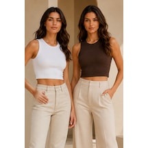 Loule Kadın 2'li Bisiklet Yaka Kolsuz Fitilli Crop Top Kahverengi-beyaz Çok Renkli
