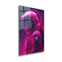 Pembe Neon Kasklı Astronot Çerçevesiz Cam Tablo