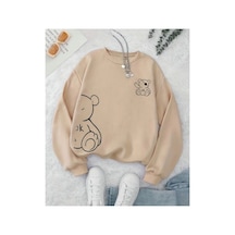 Herkesemoda Ayıcık Desen Detaylı Bisiklet Yaka İçi Polarlı Sweatshirt Bej