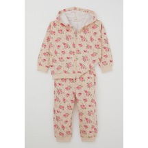 Breeze Kız Çocuk Eşofman Takımı Çiçek Desenli Kapüşonlu 1.5-5 Yaş, Krem Krem