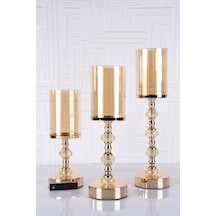 Kristal Taşlı Ayaklı Gold Şamdan Mumluk 3'lü Set -6010