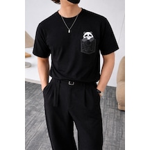 Tarz Cool Panda Baskılı Unisex Basic Tişört Rahat Kesim Günlük Stil Siyah