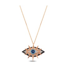 Çekirdekjewelry 925 Ayar Gümüş Rose Kaplama Göz Kolye Mavi Taşlı Nazar Model Pembe