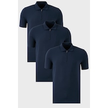 Buratti Streç Pamuklu Regular Fit Yarım Fermuarlı 3'Lü Paket Erkek Polo Yaka T Shirt 5902972S3 Indigo-Indigo-Indigo