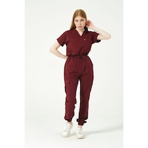 Bordo Likralı Scrubs Kargo Cep Jogger Paça Doktor Hemşire Forması Yarasa Kol Takım Unisex
