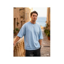 Erkek Oversize Tişört Bisiklet Yaka Basic Bol Kesim Kısa Kollu Günlük T-shirt Mavi