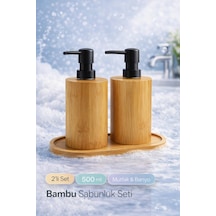 Buççin Online Mağaza 2li Bambu Sabunluk Seti Hands Dishes Mutfak Banyo Sıvı Sabunluk 500ml Doğal Bambu Stantlı Retro Set Çok Renkli