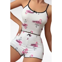 İkikareshop Pamuklu Beyaz Üstüne Pelikan Desen Fitilli Askılı Şortlu Pijama Takımı Çok Renkli