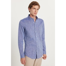 Tudors Erkek Slim Fit Dar Kesim Uzun Kollu Keten Premium Seri Düğmeli Yaka Spor Lacivert Gömlek-35356 Lacivert
