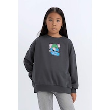 DeFacto Kız Çocuk Relax Fit Bisiklet Yaka Baskılı Sweatshirt D6495A8NSAR15 Antrasit