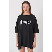 Blackjack Giyim Kadın Siyah Oversize Angel Tshirt Siyah