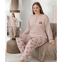 Boyraz Lindros Kadın Düğme Yaka Raporlu İnterlok Kışlık Battal Pijama Takımı 0268 - 1 Adet Pudra