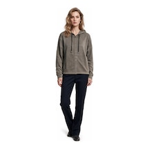 Marsel&leon Marsel Leon Kadın Kapüşonlu Fermuarlı Rahat Kesim Fitilli Kollu Pamuk Karışımlı Sweatshirt Haki