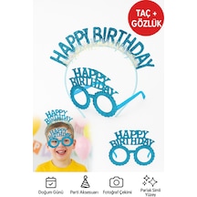 Mavi Happy Birthday Simli Doğum Günü Taç Ve Gözlük Seti Parti Aksesuarı, Fotoğraf Konsepti