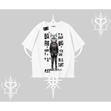 Tarzsokak Dream Big Yazılı Takım Elbiseli Kedi Baskılı Oversize Tshirt Beyaz