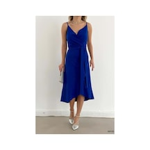 DefyModa Kadın Şık Model V Yaka Kuşaklı Midi Askılı Elbise Saks