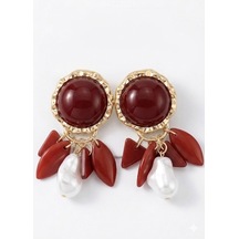 İnci Detaylı Sallantılı Bordo Çelik Küpe Bordo - 869394748 Bordo