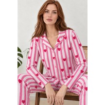 Fit Women Kadın Uzun Kollu Gömlek Yaka Pembe Çizgili Kalpli Pijama Takımı 4770