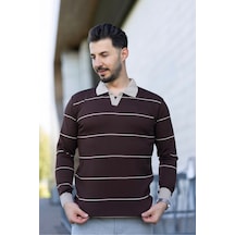 Hk Premium Çizgili Polo Yaka Slim Fit Triko Kazak Kahverengi