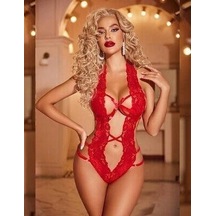 Ang Butik Kadın Kırmızı Dantelli Derin Dekolteli Babydoll