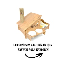 Ahşap Kedi Evi - Mama Kabı-özel Isim Baskılı-meşe Mdf- Beyaz Seramik Kase 2 400ml- Tırmalama Çubuklu