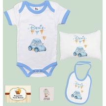 Bk Kids Kişiye Özel İsimli 5 Parça Mavi Bebek Body Zıbın Yastık Hediye Seti, Yeni Doğan Bebek Giyim Hediyesi-5