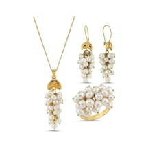 Kadın Üzümlü Doğal İnci Küpe Kolye Yüzük Üçlü Set 20 / Rose Gümüş