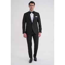 Slim Fit Çift Yıtmaç Fleto Cep Doku Desenli Çıkarılabilir Saten Yaka Siyah Damatlık Smokin Takım Black 083 Ef Siyah