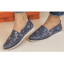 N Napa Shoe Np.108.fç.mavi Sneaker Napa Shoe Kadın Hakiki Deri Günlük Comfort Ayakkabı Mavi Çiçek Desenli