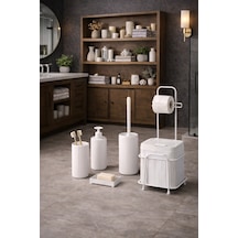 Decorev 6'lı Banyo Seti Metal Standlı Beyaz Ahşap Desenli Tuvalet Wc Kağıtlık Seti