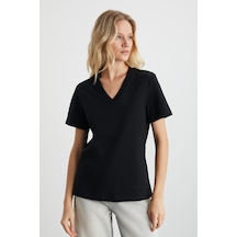 Grimelange Alıne Kadın %100 Organik Pamuk Derin V Yakalı Comfort Fit Siyah T-shirt Siyah