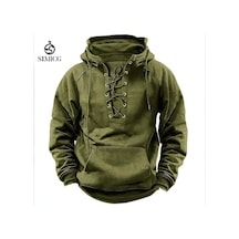 İlkbahar Ve Sonbahar Erkek Kapüşonlu Düz Renk Sweatshirt Spor Çok Cepli Sweatshirt Yeşil