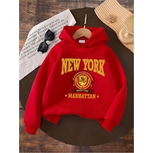 Kışlık Kapüşonlu Sweatshirt, Çocuk New York Manhattan Baskılı Kırmızı