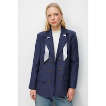Mixray 4809 Kadın Fular Detaylı Keten Blazer Ceket Lacivert Mixray 4809 Kadın Fular Detaylı Keten Blazer Ceket Lacivert