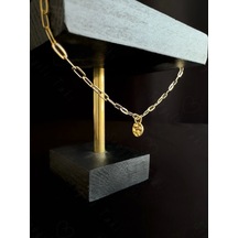 Oval Dövme Figürlü İnce Paperclip Ataş Model Zincir Çelik Halhal Metoo Serisi Gold