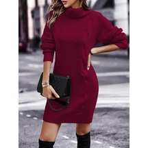 Saç Örgü & Selanik Örgü Desenli, Links Detay, Boğazlı, Uzun Kollu, Sırt Detay Desenli Bordo Triko Elbise Tunik Bordo