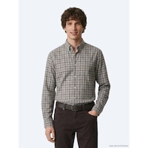 Kip Gri Kareli Regular Fit Uzun Dokuma Casual %100 Pamuk Gömlek