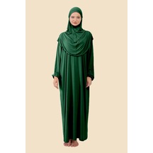 Tek Parça Tesettür Namaz Elbisesi Tak Çıkar Başörtülü Organik Pamuklu Lastikli Kolu Kaymaz Penye Zümrüt Yeşili