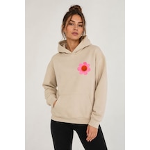 Herkesemoda Emoji Çiçek Baskılı Kapüşonlu 2 İplik Şardonlu Sweatshirt Bej
