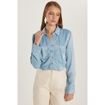 Tudors Kadın Slim Fit Dar Kesim Uzun Kollu Klasik Yaka Mavi Gömlek-35347 Mavi