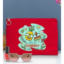 Bk Gift Yaz Temalı Astarlı Kırmızı Portföy Çanta 30x21cm, Baskılı El Çantası, Organizer Çanta