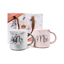 Lüks Mermer Desenli Mr & Mrs 2&apos Li Porselen Kupa Seti 400 Ml, Hediyelik Kutulu,çok Renkli Açık Ahşap