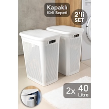 2'li Kirli Çamaşır Sepeti Seti - 40 Litre Kapaklı Delik Detaylı Stash Slim Kirli Sepeti Beyaz Beyaz
