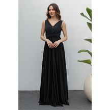 Neşeli Butik Kadın Siyah Drapeli Tül Abiye Elbise Nb2030 Siyah