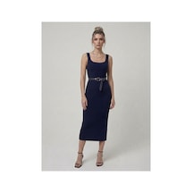 Neden Tekstil Premium Fit Kare Yaka Fitilli Triko Midi Elbise - Lacivert